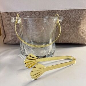 Vintage Glass Ice Bucket with Gold Handle and Shell Tongs Set Mid Century Modern